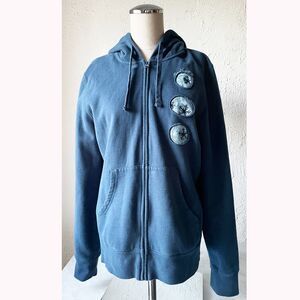 North Face Blue Hoodie Sweatshirt Women's XL Zip Front Snowflake Patches
